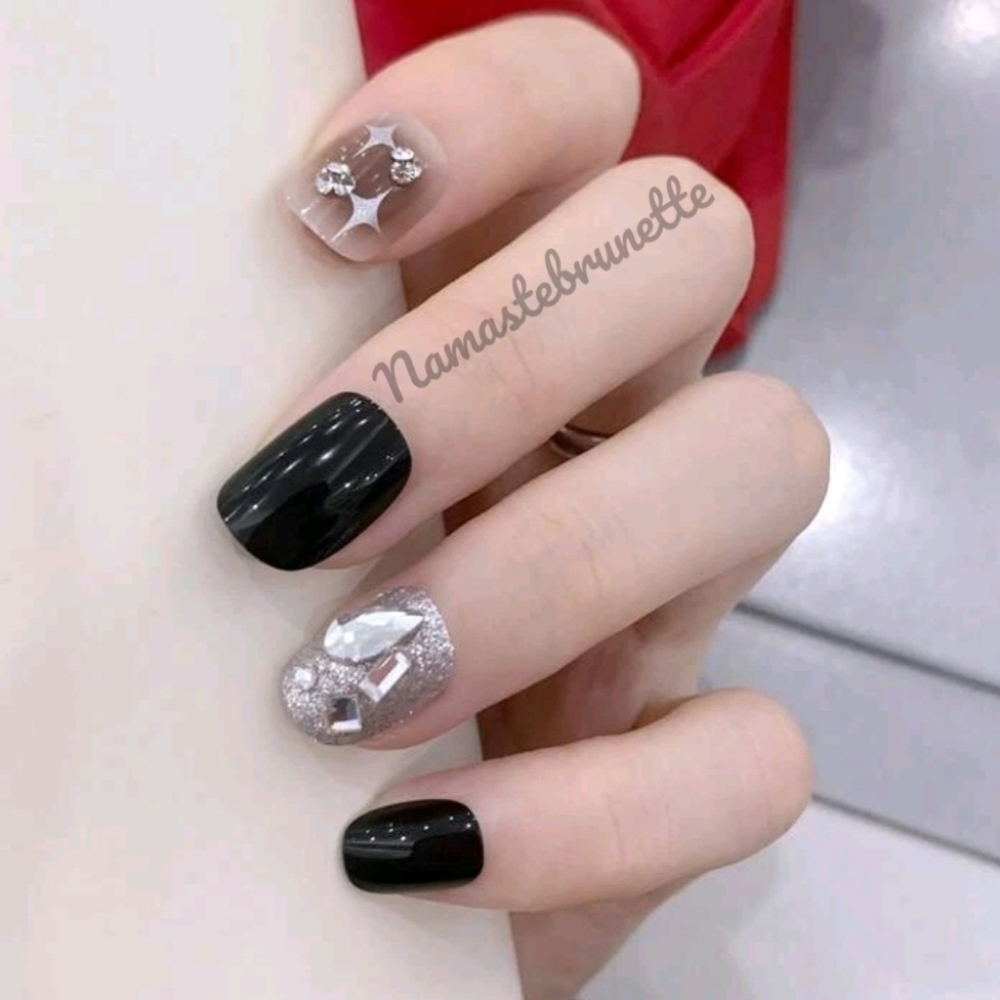 Black & Silver Rhinestone  Glitter Press On Nails